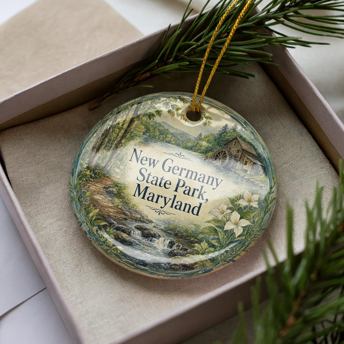 A decorative ornament in a box, featuring a scenic landscape with a river, trees, and a house.