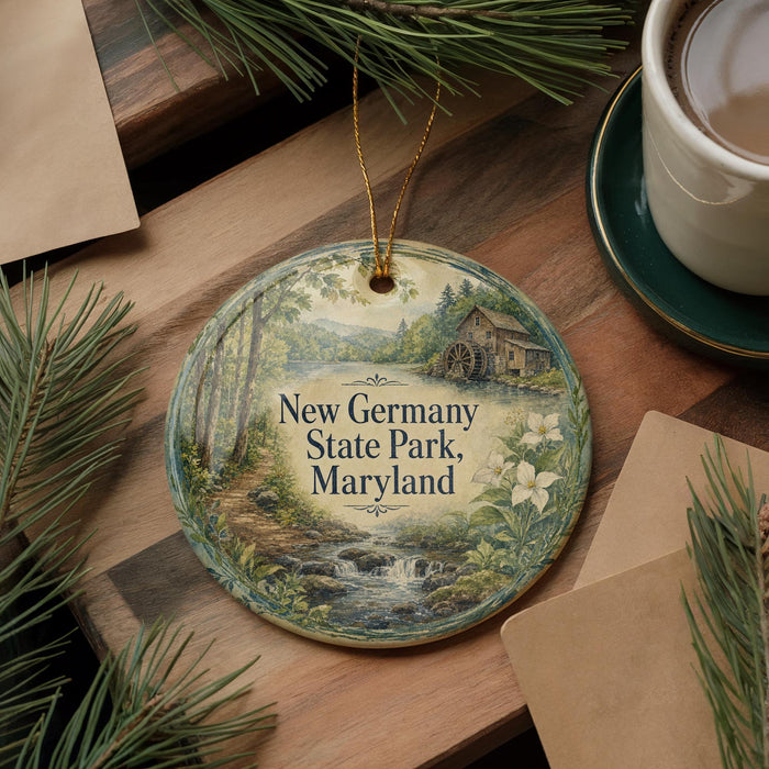 A round ornament with a scenic illustration of a forest and a river, featuring the text "New Germany State Park, Maryland" on it, is displayed on a wooden surface alongside a cup of coffee and some pine branches.