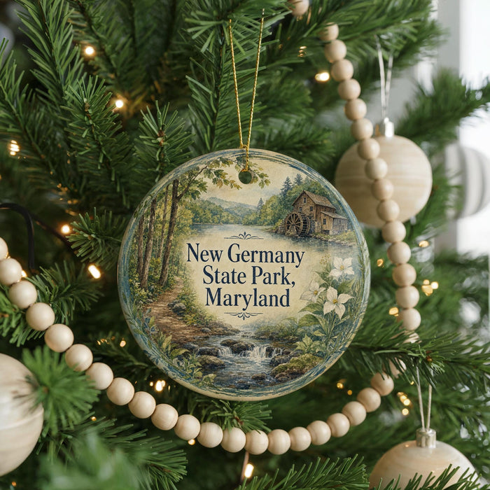 A Christmas tree decorated with ornaments, including a round ornament with a scenic image of a forest and a stream, and beaded ornaments.