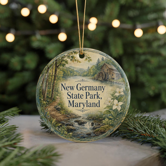 A decorative ornament featuring a scenic image of a forest and a waterway, with the text "New Germany State Park, Maryland" prominently displayed.