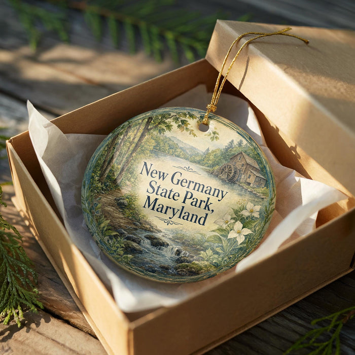 A decorative ornament in a brown box, featuring a scenic landscape with a river, trees, and a house, is displayed on a wooden surface.