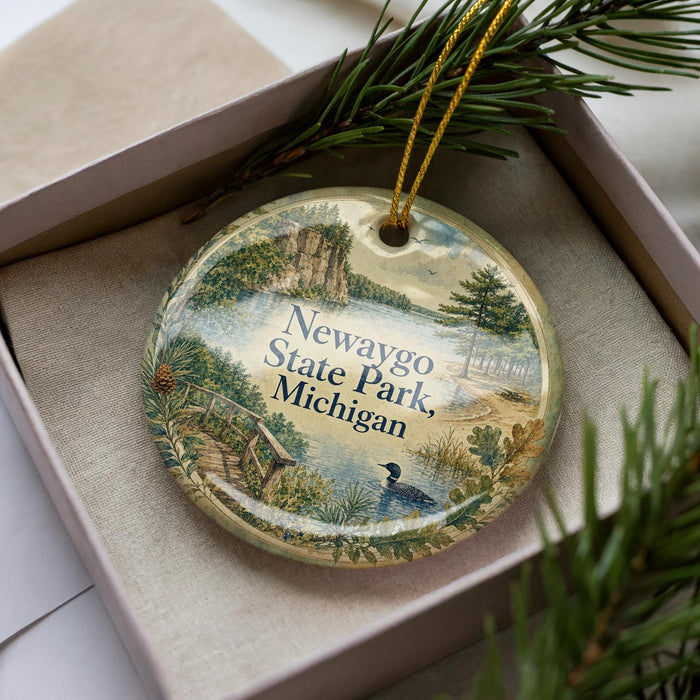 A decorative ornament in a box, featuring a scenic landscape with a lake, trees, and a bird, along with the text "Newaygo State Park, Michigan".