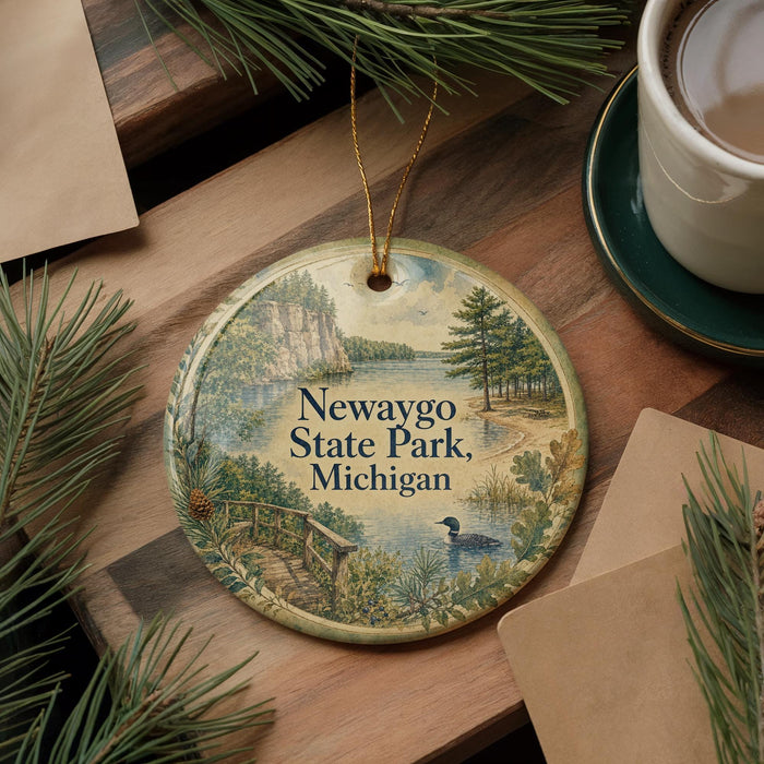 A decorative ornament featuring a scenic landscape of Newaygo State Park, Michigan, with a lake, trees, and a bird in the foreground.
