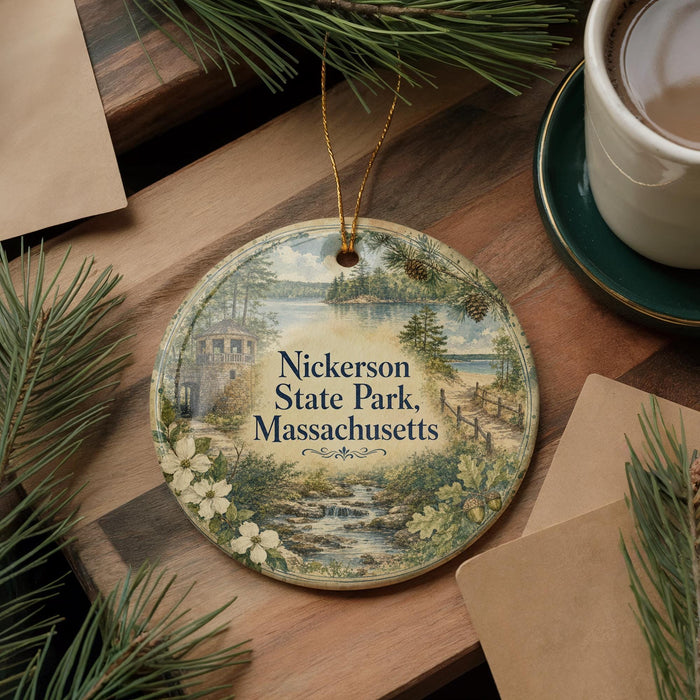 A round ornament with a scenic landscape of Nickerson State Park, Massachusetts, featuring a river, pine trees, and a castle.