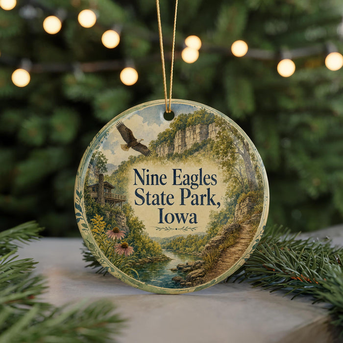A round ornament with a scenic landscape of Nine Eagles State Park, Iowa, featuring a bird in flight, a river, and a cabin in the background.