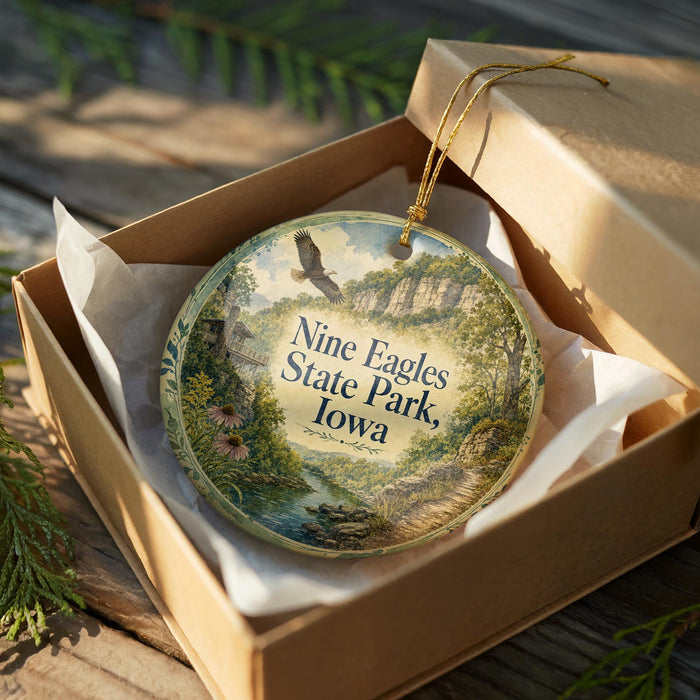 A decorative ornament in a wooden box, featuring a scenic landscape with a river, trees, and a bird in flight.