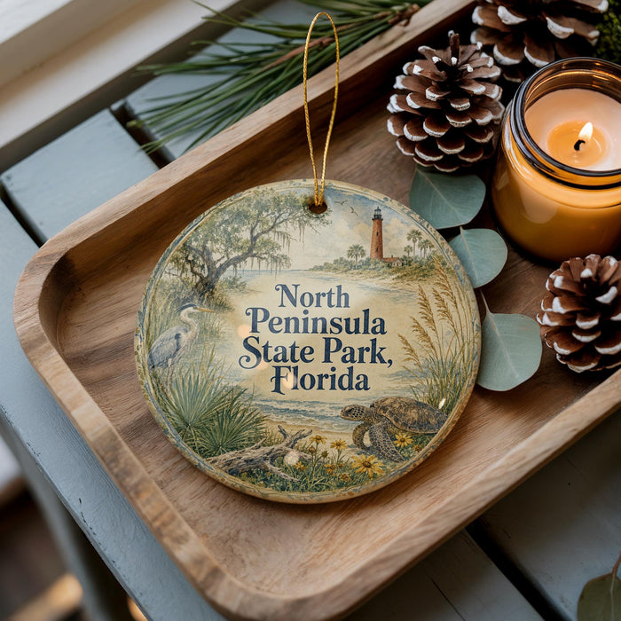 A decorative ornament with a scenic image of a lighthouse and a beach, along with the text "North Peninsula State Park, Florida" on it, is displayed on a wooden tray.