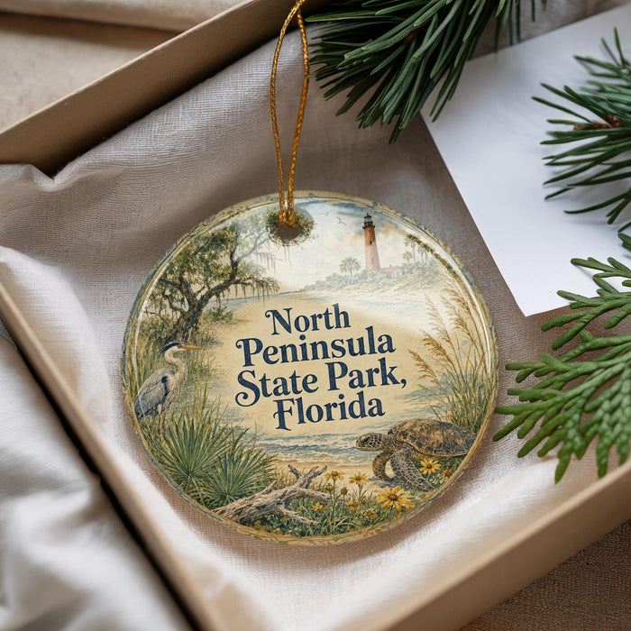 A decorative ornament with a scenic image of North Peninsula State Park, Florida, hanging from a string.