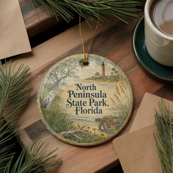A decorative ornament with a scenic image of North Peninsula State Park, Florida, hanging on a wooden surface.