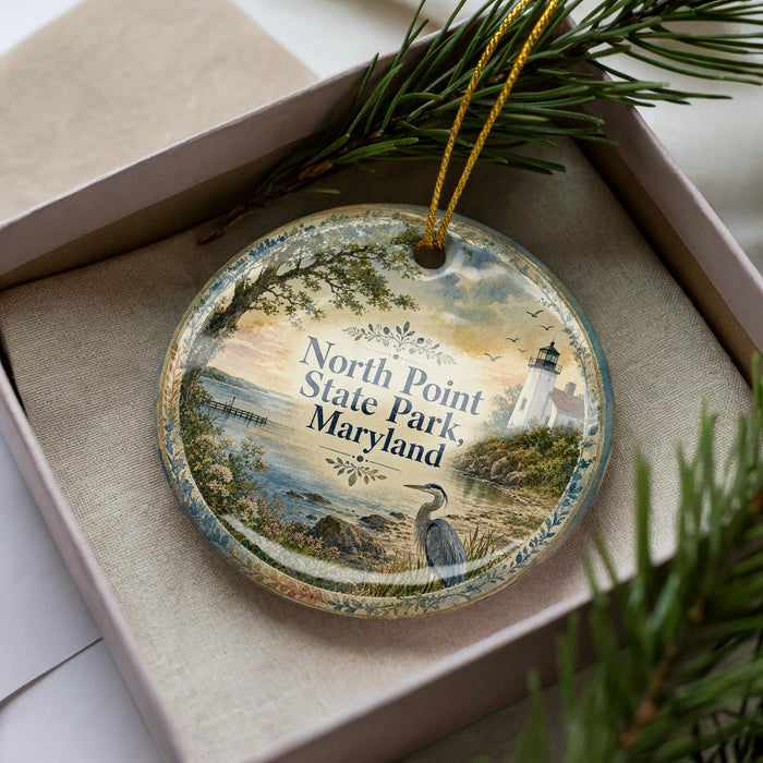 A decorative ornament with a lighthouse and a serene landscape, featuring the text "North Point State Park, Maryland" on it.