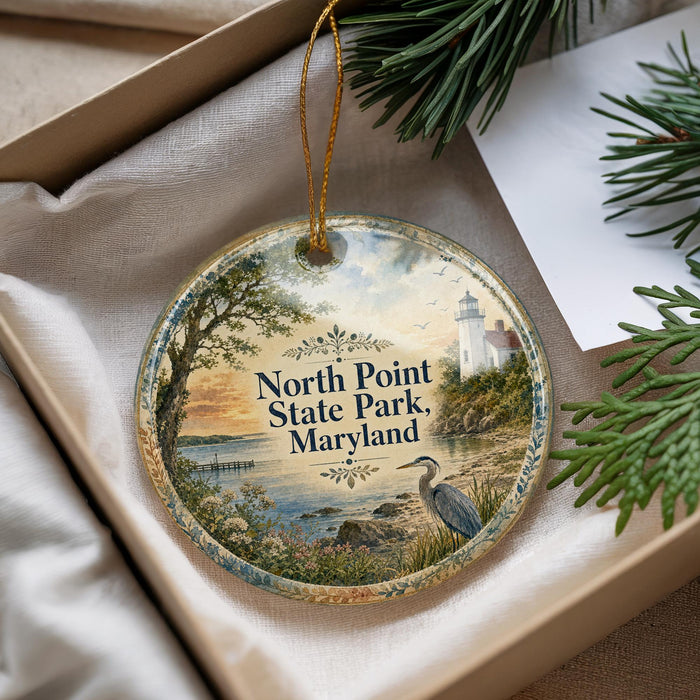 A decorative ornament with a scenic landscape of North Point State Park, Maryland, featuring a lighthouse and a bird in the foreground.