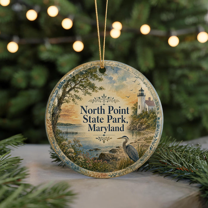 A round ornament with a scenic image of North Point State Park, Maryland, featuring a lighthouse and a bird, is displayed on a table with pine branches in the background.