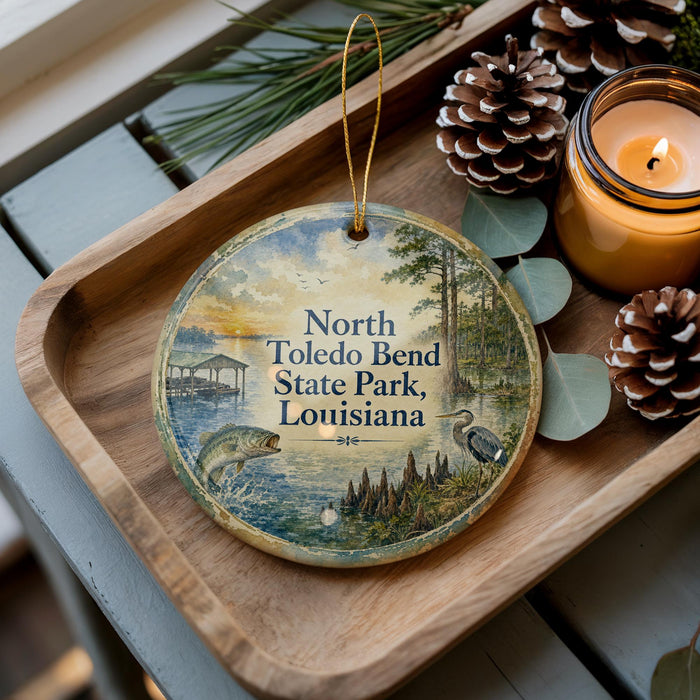 A wooden tray with a decorative ornament featuring a scenic image of North Toledo Bend State Park, Louisiana, along with pine cones and a lit candle.