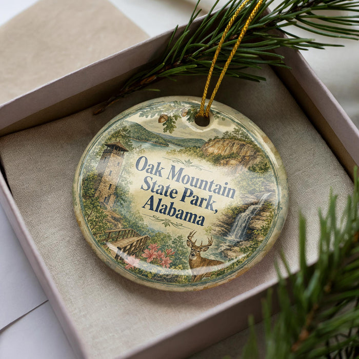A decorative ornament in a box, featuring a scenic illustration of Oak Mountain State Park, Alabama.