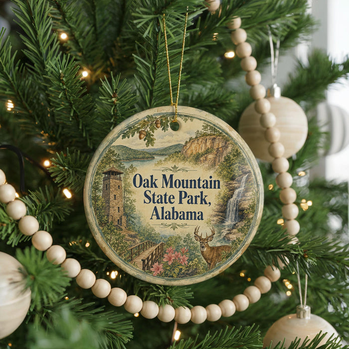 A round ornament hanging on a Christmas tree, featuring a scenic image of Oak Mountain State Park, Alabama.
