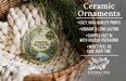 Ceramic ornaments, featuring a painting of a river and palm trees, are displayed in a basket.