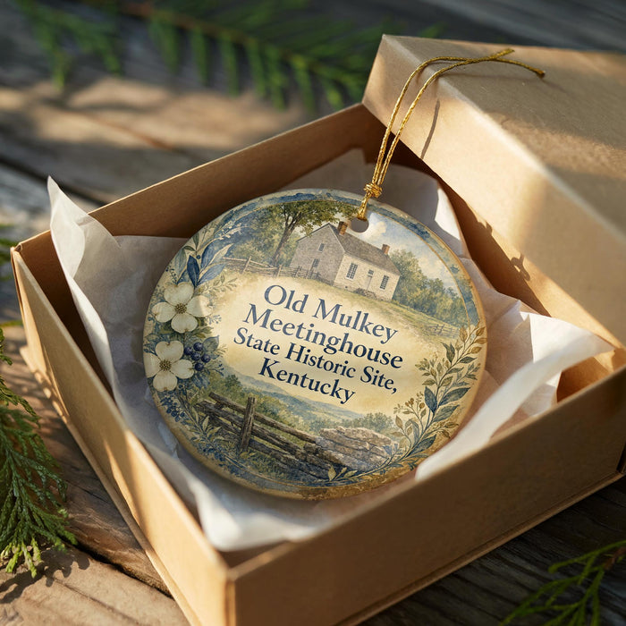 A decorative ornament in a wooden box, featuring a house and trees, with the text "Old Mulkey Meetinghouse State Historic Site, Kentucky" printed on it.