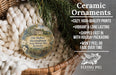 Ceramic ornaments, featuring a detailed illustration of an old mulkey meetinghouse in Kentucky, are displayed in a wicker basket.
