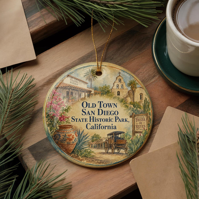 A decorative ornament featuring a vintage illustration of Old Town San Diego, California, with a sign reading "Old Town San Diego State Historic Park, California".