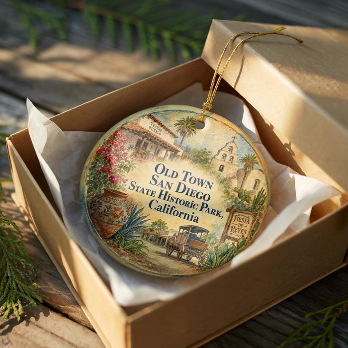 A decorative ornament in a box, featuring an illustration of a historic building and landscape, with the text "Old Town San Diego State Historic Park, California" printed on it.