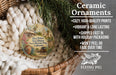 Ceramic ornaments, featuring a decorative piece with a vintage-style illustration of an old town in San Diego, California. The ornament is displayed in a wicker basket, and the text highlights the ornament's features, such as its coziness, high-quality prints, vibrant colors, and long-lasting quality. The image also mentions that the ornament is shipped fast and comes with holiday packaging, and it is not likely to peel or fade over time.