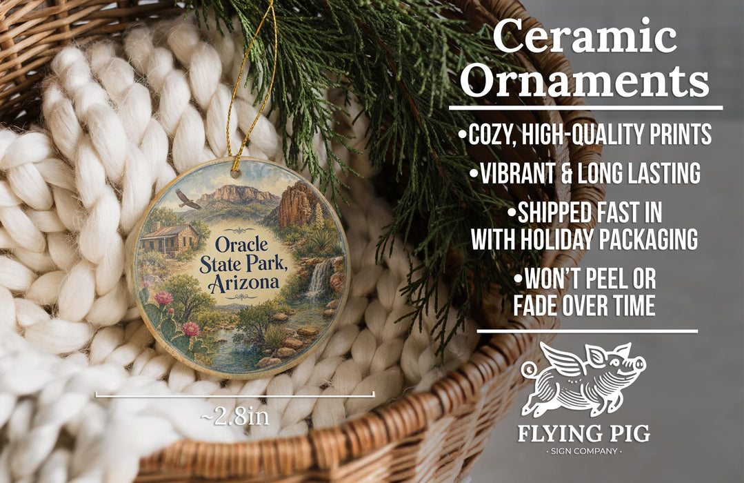 Ceramic ornaments, specifically Oracle State Park, Arizona ornaments, are displayed in a woven basket. The text highlights the ornaments as "cozy, high-quality prints" and "vibrant & long lasting", with a description of their shipping speed and packaging. The image also features a logo for "Flying Pig - SIGN COMPANY".