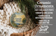 Ceramic ornaments, featuring a painting of a lake and trees, are displayed in a basket.