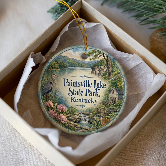 A decorative ornament in a box, featuring a scenic landscape with a lake, mountains, and wildlife.