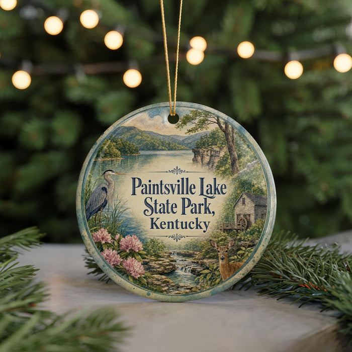A decorative ornament featuring a scenic image of Paintsville Lake State Park, Kentucky, with a bird, flowers, and a stream.