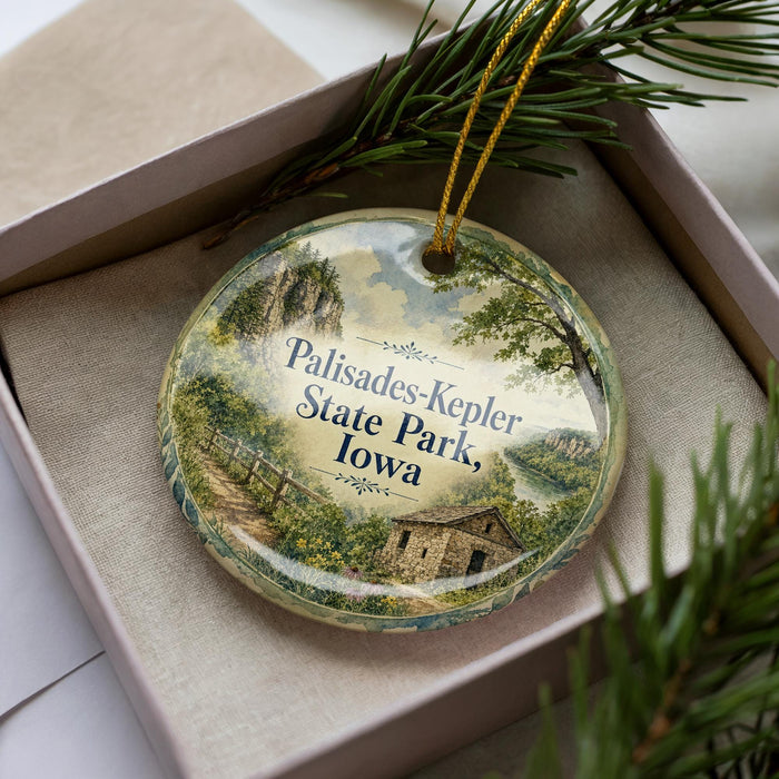 A decorative ornament in a box, featuring a scenic landscape with a house and trees, with the text "Palisades-Kepler State Park, Iowa" printed on it.