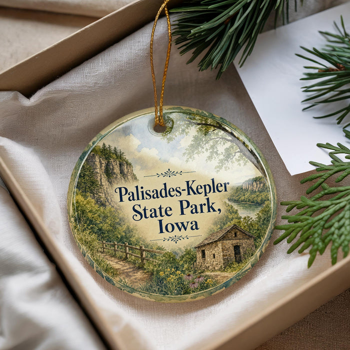 A decorative ornament with a scenic landscape of Palisades-Kepler State Park, Iowa, featuring a house and a path surrounded by trees and mountains.