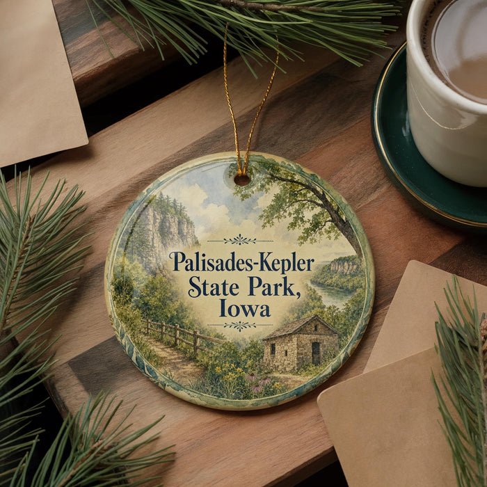 A decorative ornament featuring a scenic landscape of Palisades-Kepler State Park, Iowa, with a small cabin and trees in the background.