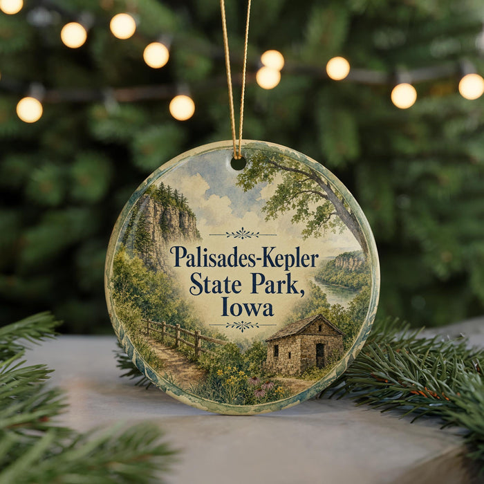 A circular ornament with a scenic landscape of Palisades-Kepler State Park, Iowa, featuring a path leading to a cabin surrounded by trees and mountains.