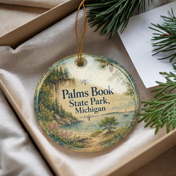 A decorative ornament with a scenic landscape of a lake, mountains, and pine trees, featuring the text "Palms Book State Park, Michigan".