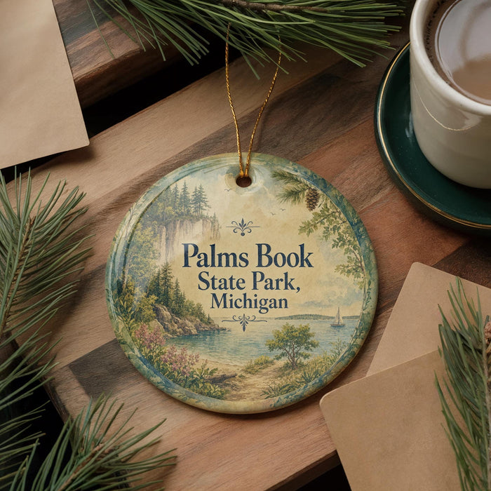 A decorative ornament with a scenic landscape of Palms Book State Park, Michigan, featuring pine trees, a lake, and a sailboat.