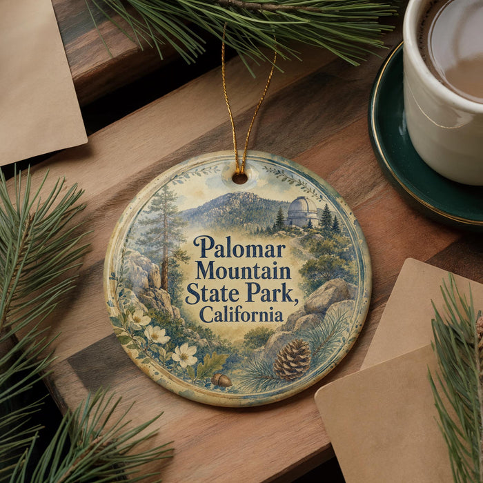 A decorative ornament with the text "Palomar Mountain State Park, California" is displayed on a wooden surface, surrounded by pine branches and a cup of coffee.
