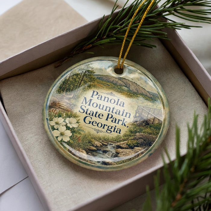 A decorative ornament with a scenic image of Panola Mountain State Park, Georgia, displayed in a box with pine branches.