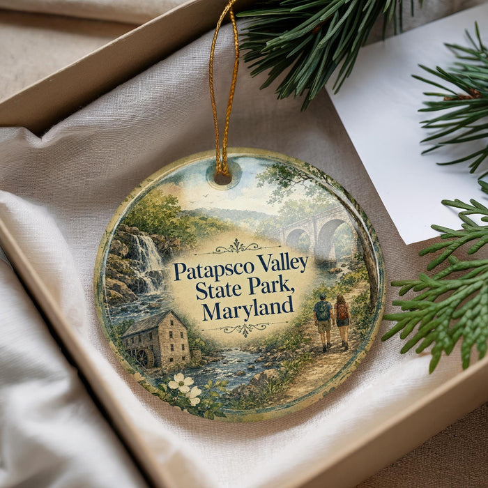 A decorative ornament with a scenic image of Patapsco Valley State Park, Maryland, hanging from a string.