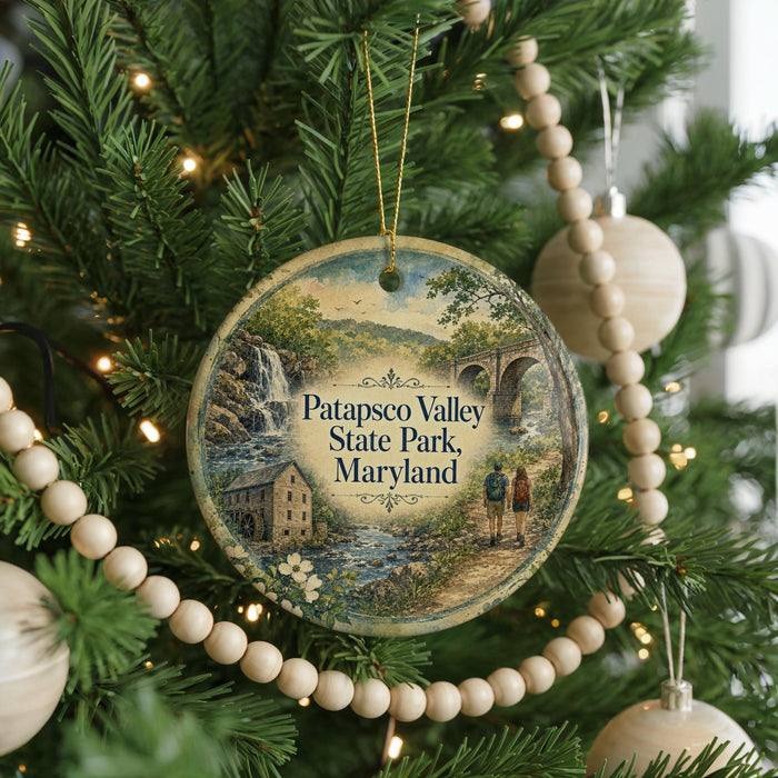 A round ornament hanging on a Christmas tree, featuring a scenic landscape with a waterfall and a bridge.