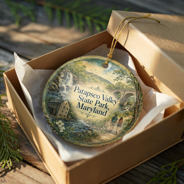 A decorative ornament in a wooden box, featuring a scenic landscape with a waterfall and a bridge, with the text "Patapsco Valley State Park Maryland" printed on it.