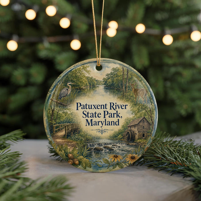 A circular ornament with a painting of Patuxent River State Park, Maryland, featuring a bird, a bridge, and a waterfall.