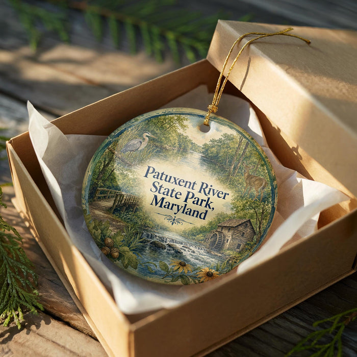 A decorative ornament in a brown box, featuring a scenic image of Patuxent River State Park, Maryland.