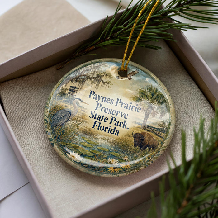 A decorative ornament in a box, featuring a scenic landscape with a bird, palm tree, and bison, along with the text "Paynes Prairie Preserve State Park, Florida".