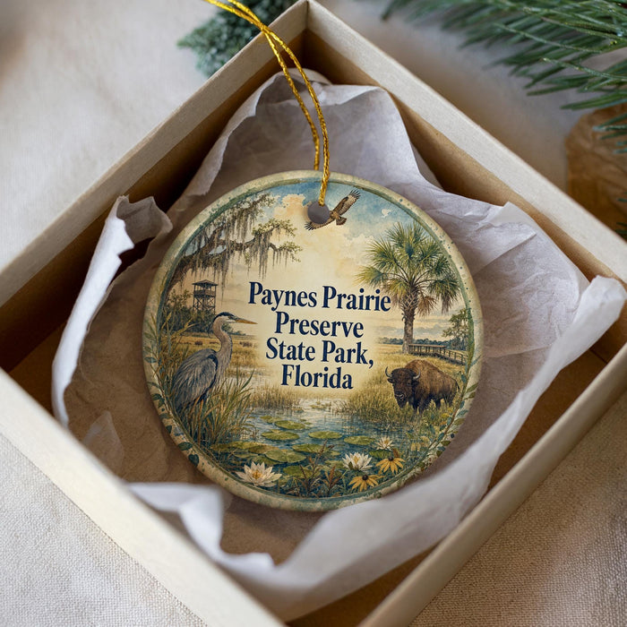A circular ornament with a bird and a bison, surrounded by a natural scene, is displayed in a box.
