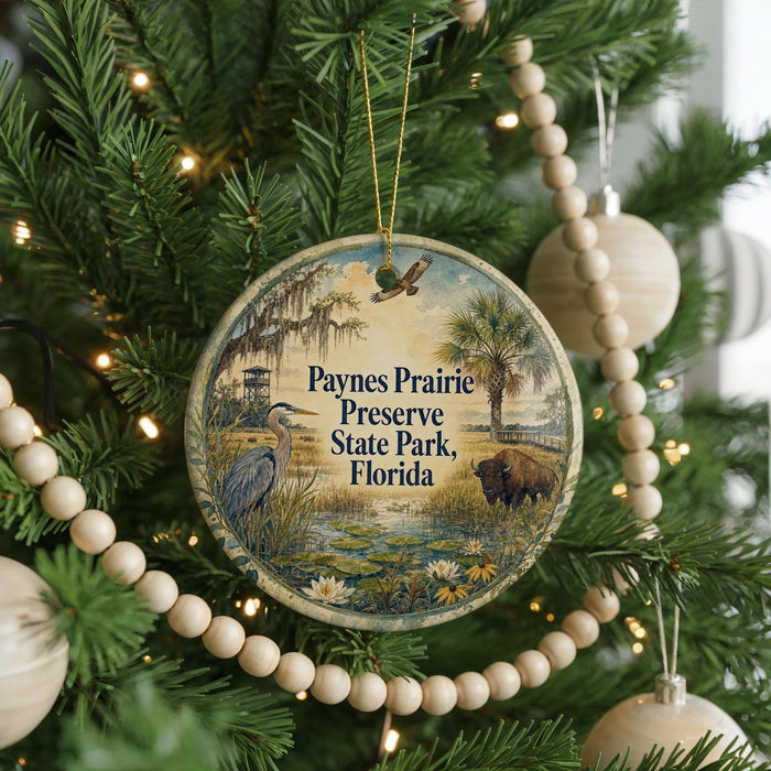 A round ornament hanging on a Christmas tree, featuring a scenic image of a bird, a cow, and a palm tree, with the text "Paynes Prairie Preserve State Park, Florida" displayed on it.