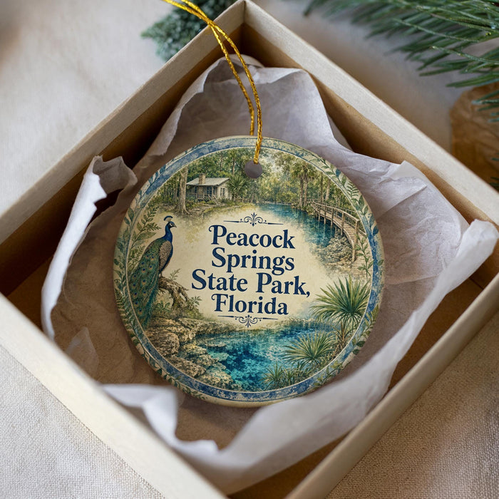 A decorative ornament in a white box, featuring a peacock and a scenic landscape with a body of water and palm trees.