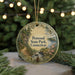 A round ornament with a scenic landscape of Penwood State Park, Connecticut, featuring a winding path, pine trees, and a river.