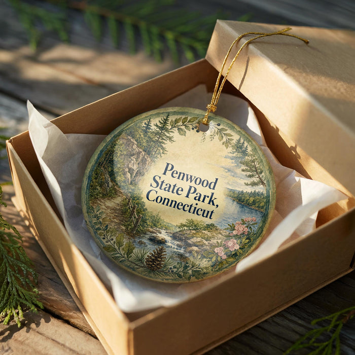 A decorative ornament in a wooden box, featuring a scenic landscape with pine trees, a river, and a pine tree.