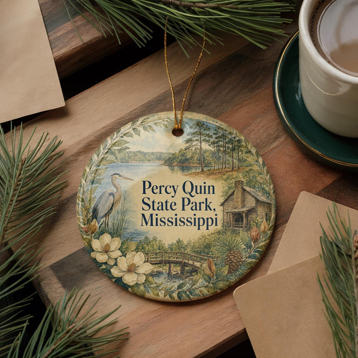A round ornament with a scenic illustration of a lake and forest, featuring a crane and a cabin, hangs on a wooden surface.