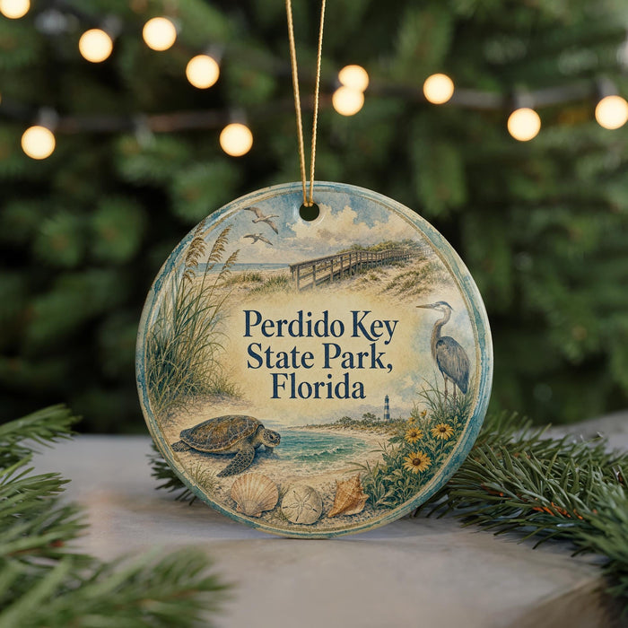 A round ornament with a beach scene and a bird, hanging on a string.